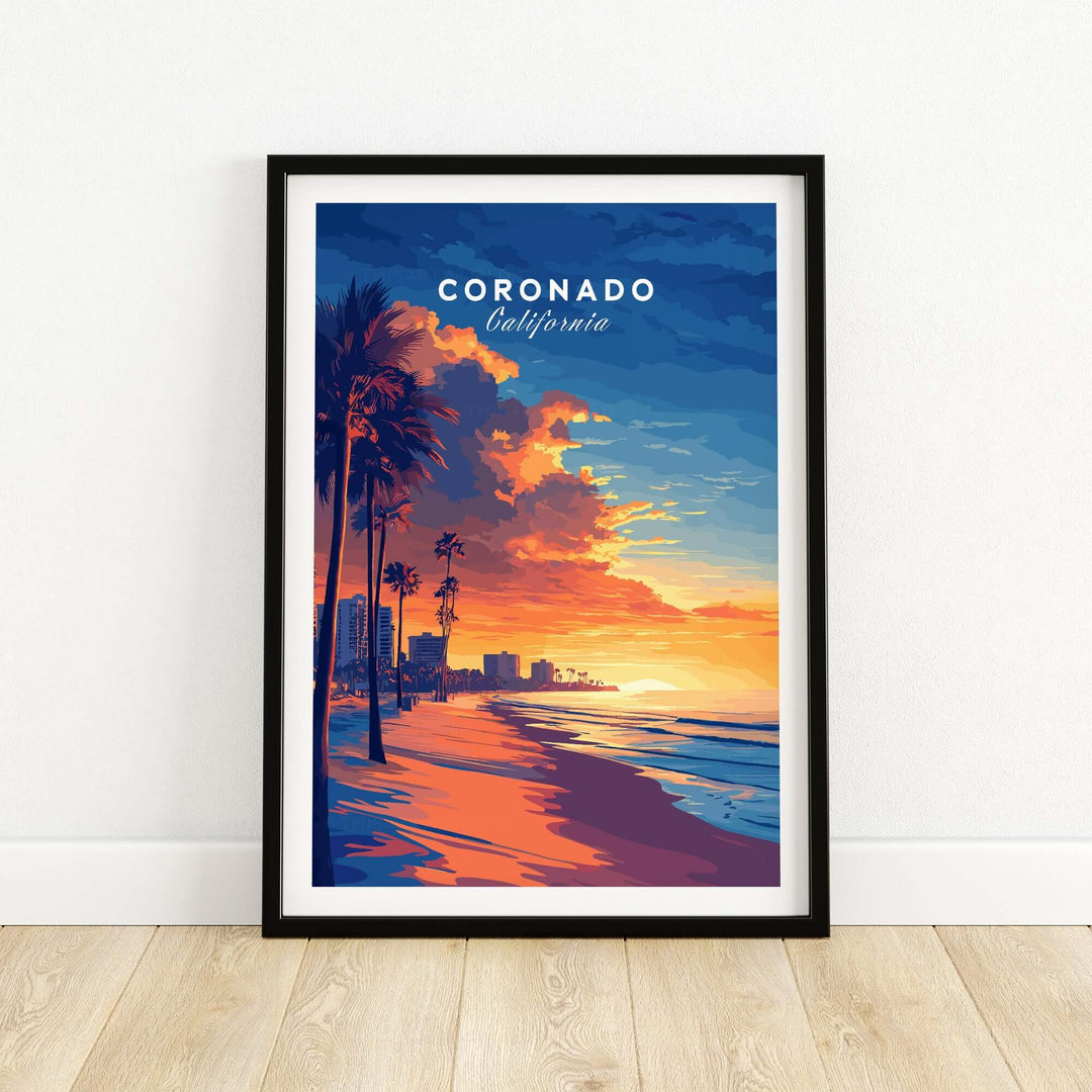 Vibrant Coronado Wall Art featuring a sunset over a beach with palm trees, capturing the scenic beauty of California.