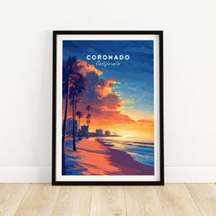 Coronado Wall Art featuring a vibrant sunset and palm trees in California, ideal for home decor.