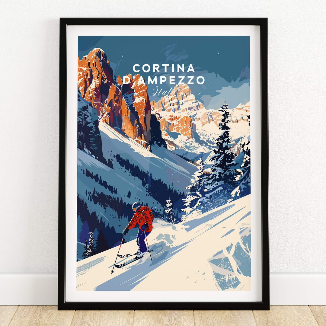 Cortina d'ampezzo Travel Poster - Italy featuring a skier in the Dolomite mountains with a scenic winter landscape.
