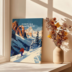Cortina d'ampezzo Travel Poster - Italy featuring a skier in the Dolomite mountains, perfect for home decor.