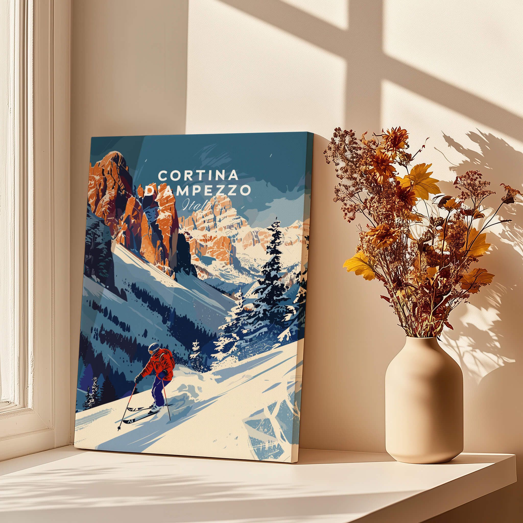 Cortina d'ampezzo Travel Poster - Italy featuring a skier in the Dolomite mountains, perfect for home decor.