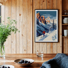 Cortina d'ampezzo Travel Poster - Italy showcasing a ski resort in the Dolomite mountains, perfect for winter decor.