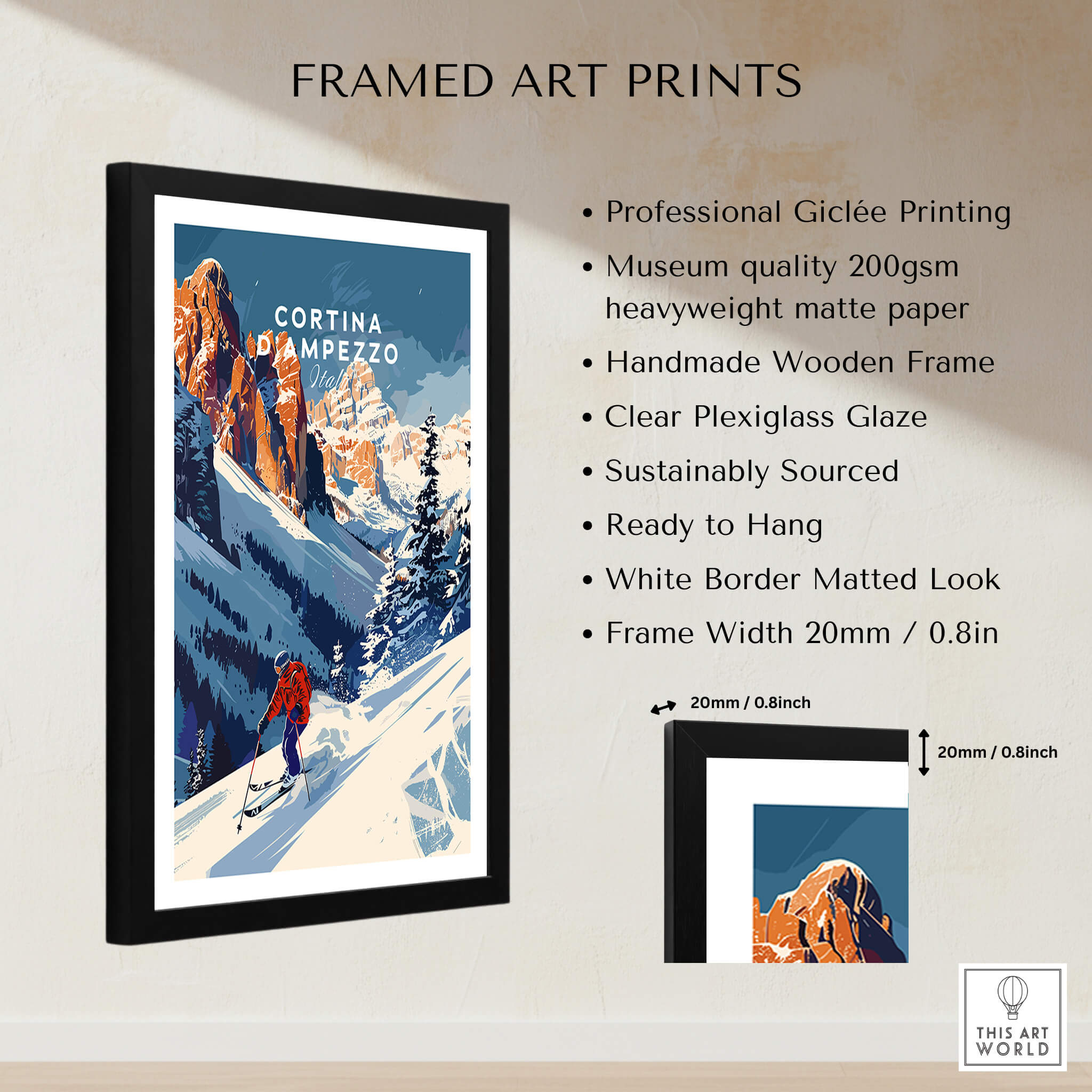 Cortina d'ampezzo Travel Poster - Italy framed art print featuring ski resort in Dolomite mountains.
