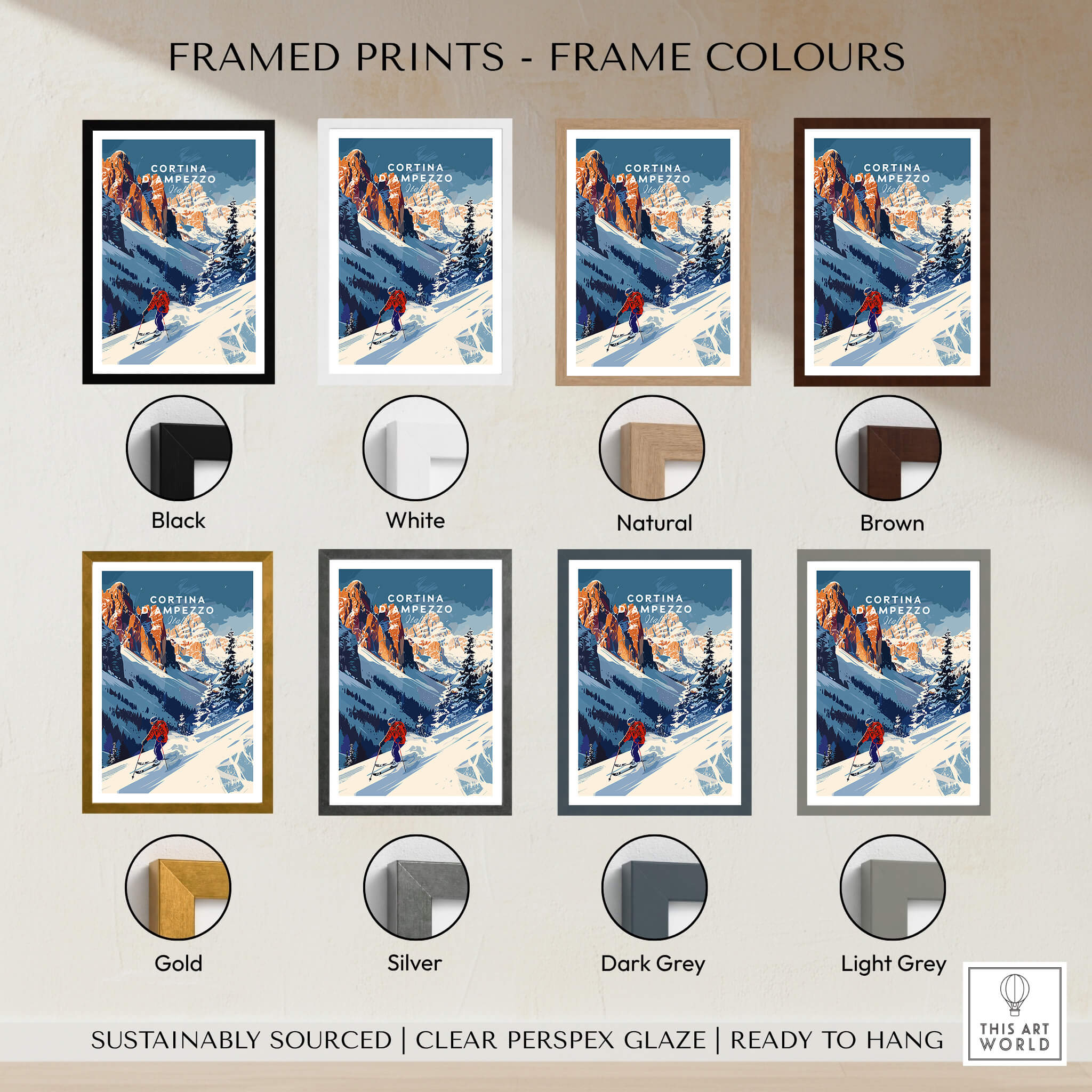 Cortina d'ampezzo Travel Poster - Italy framed prints with various frame colors including black, white, natural, brown, gold, silver, dark grey, light grey.