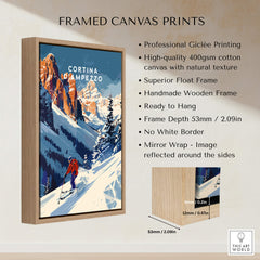 Cortina d'ampezzo Travel Poster - Italy framed canvas print showcasing a ski resort in the Dolomites.