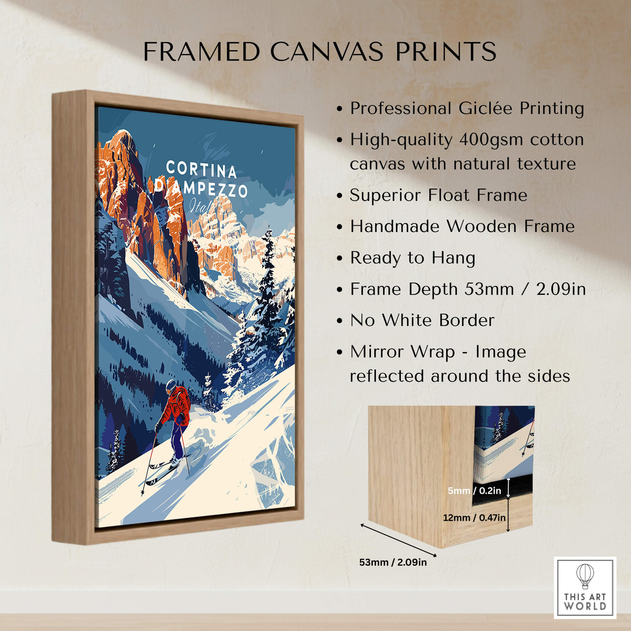 Cortina d'ampezzo Travel Poster - Italy framed canvas print showcasing a ski resort in the Dolomites.