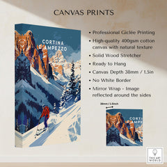 Cortina d'ampezzo Travel Poster - Italy on high-quality canvas print showcasing a winter ski resort in the Dolomites.