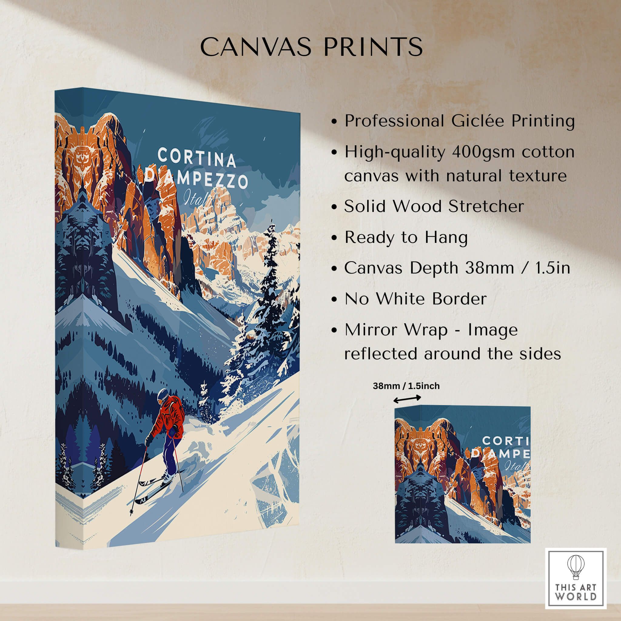 Cortina d'ampezzo Travel Poster - Italy on high-quality canvas print showcasing a winter ski resort in the Dolomites.