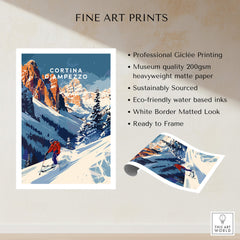 Cortina d'ampezzo Travel Poster - Italy showcasing a skier in the Dolomite mountains with vibrant colors.