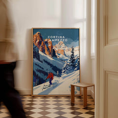 Cortina d'ampezzo Travel Poster - Italy showcasing a skier in the Dolomite mountains.