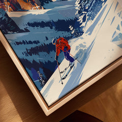 Cortina d'ampezzo Travel Poster - Italy featuring a skier on a snowy slope in the Dolomite mountains.