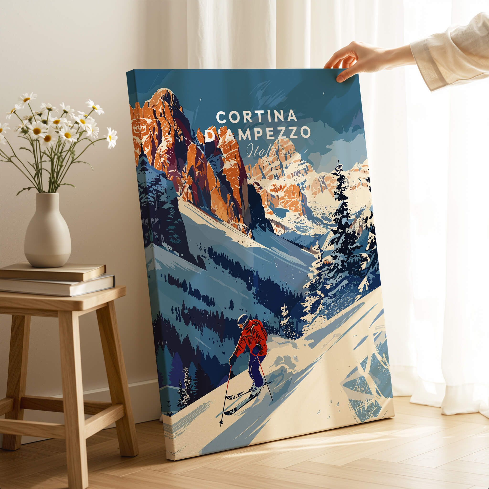 Cortina d'ampezzo Travel Poster - Italy featuring a skier in the Dolomite mountains, perfect for home decor.