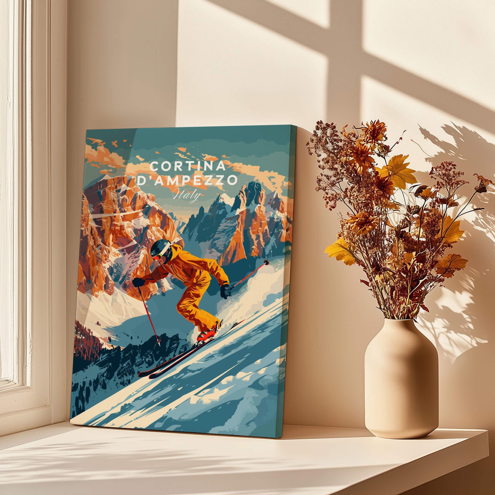 Cortina d'ampezzo Ski Poster featuring a skier in action against a stunning mountain backdrop.