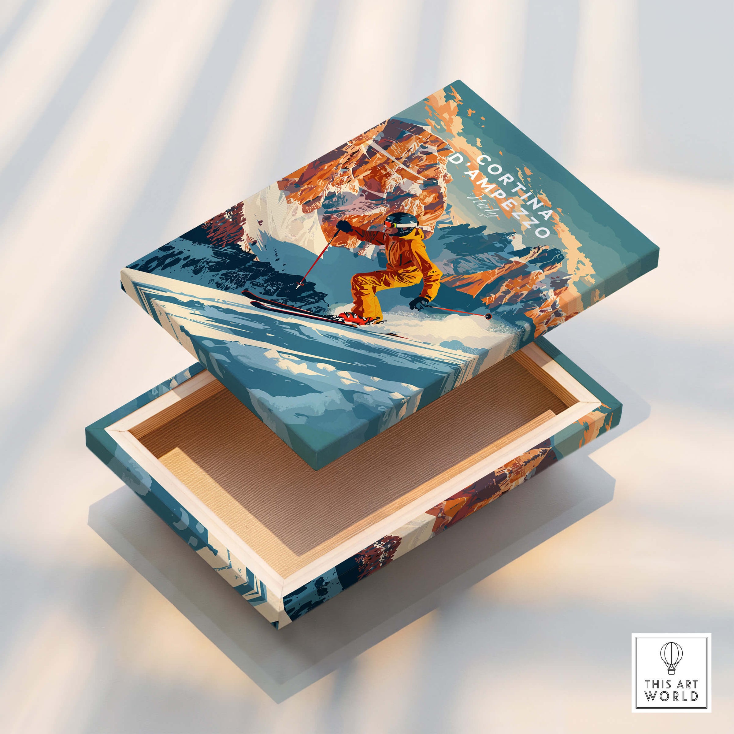 Cortina d'ampezzo Ski Poster box design showcasing vibrant skiing artwork, perfect for ski enthusiasts and home decor.