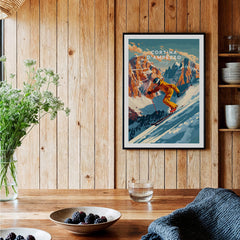 Cortina d'ampezzo Ski Poster displayed in a cozy interior, showcasing a skier amidst mountain scenery.