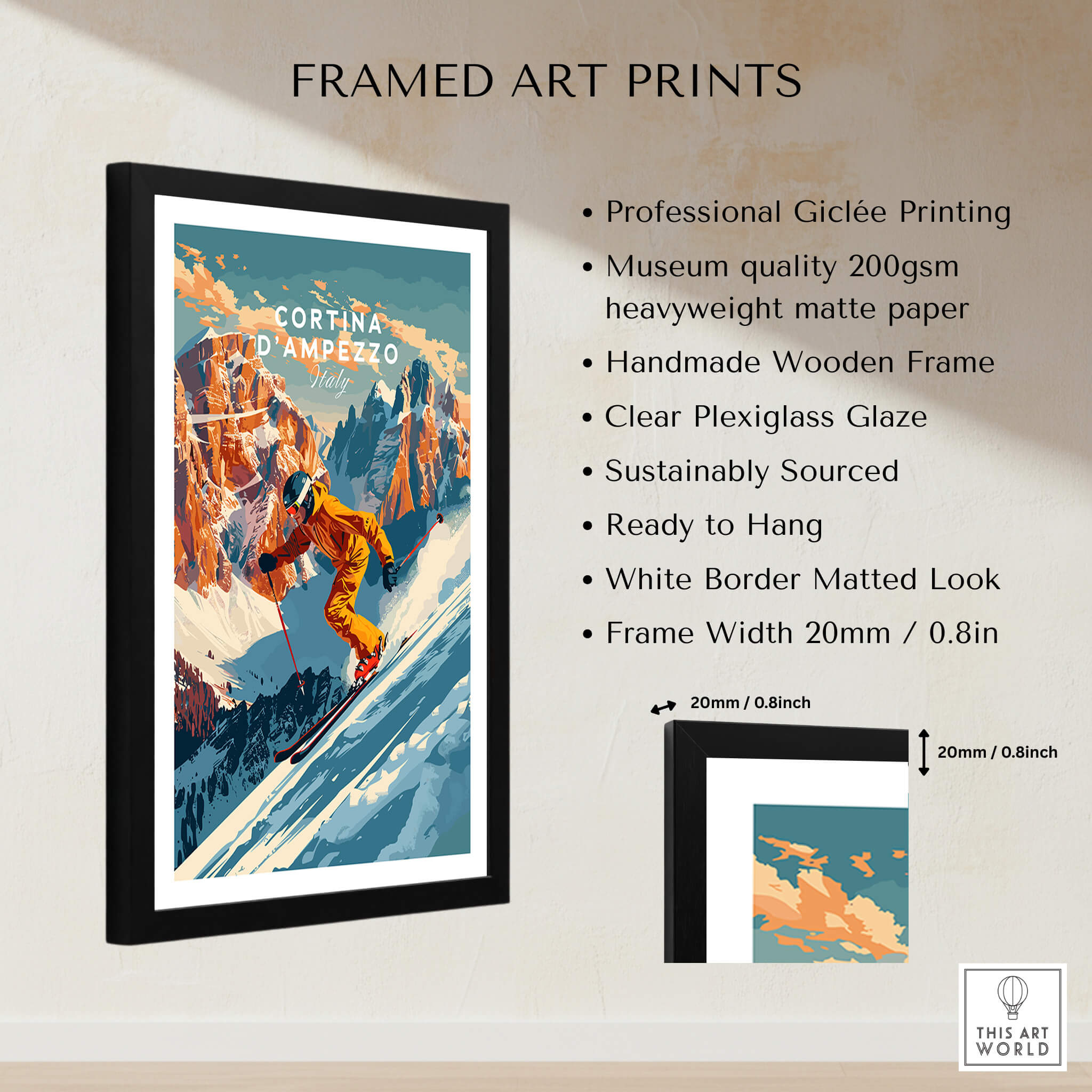 Cortina d'ampezzo Ski Poster framed art print showcasing vibrant skiing design, perfect for home decor.