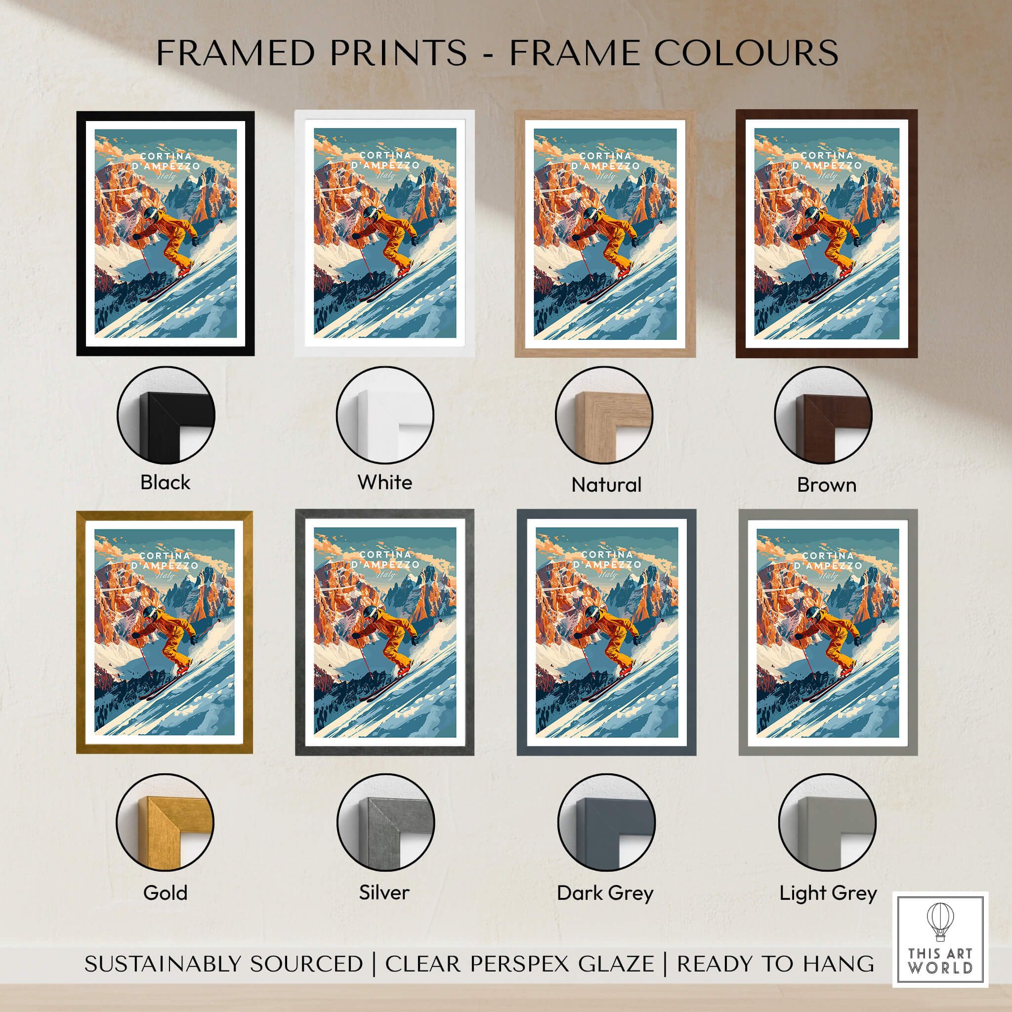 Cortina d'ampezzo Ski Poster framed print options in various colors including black, white, natural, brown, gold, silver, dark grey, light grey.