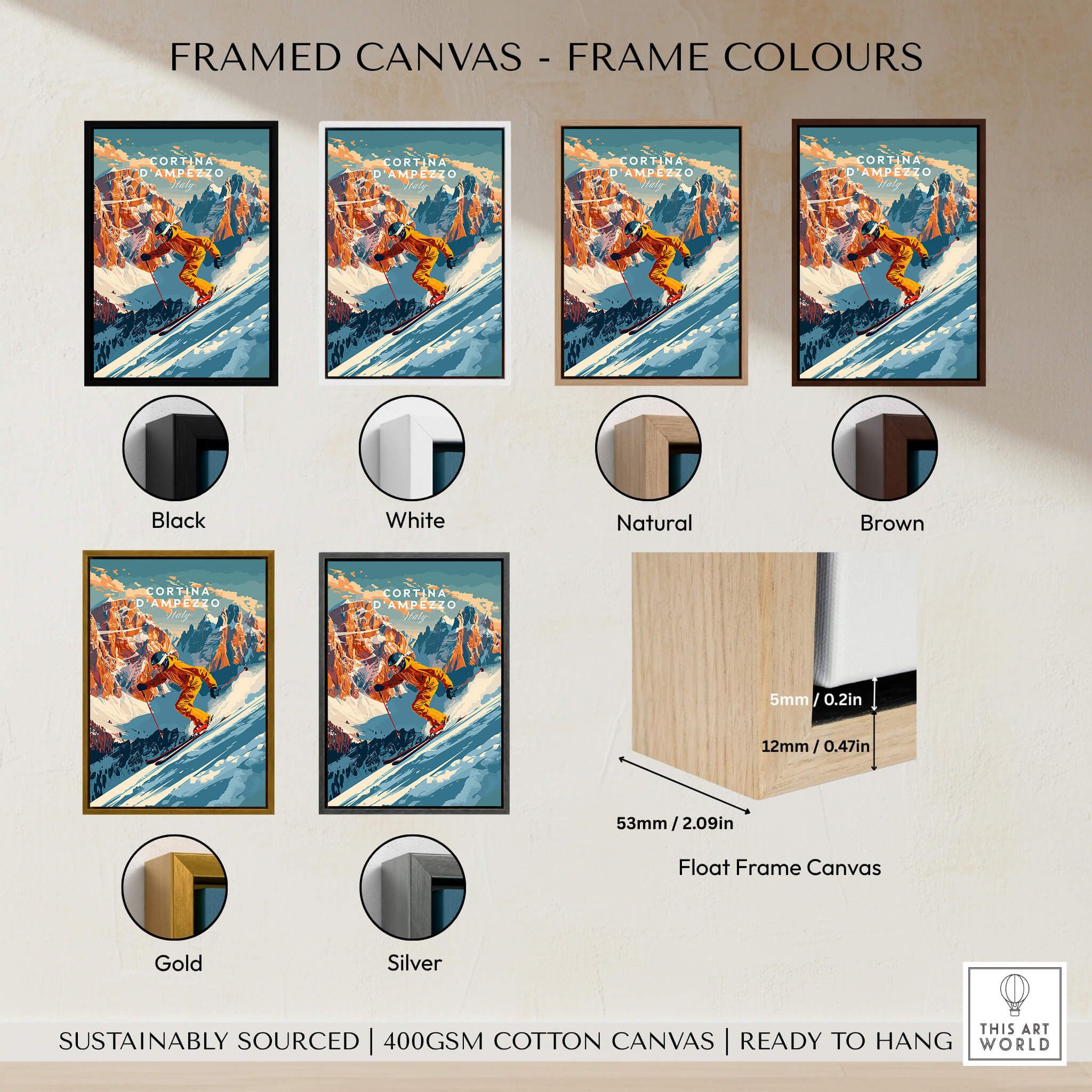 Cortina d'ampezzo Ski Poster available in multiple frame colors including black, white, natural, brown, gold, and silver.