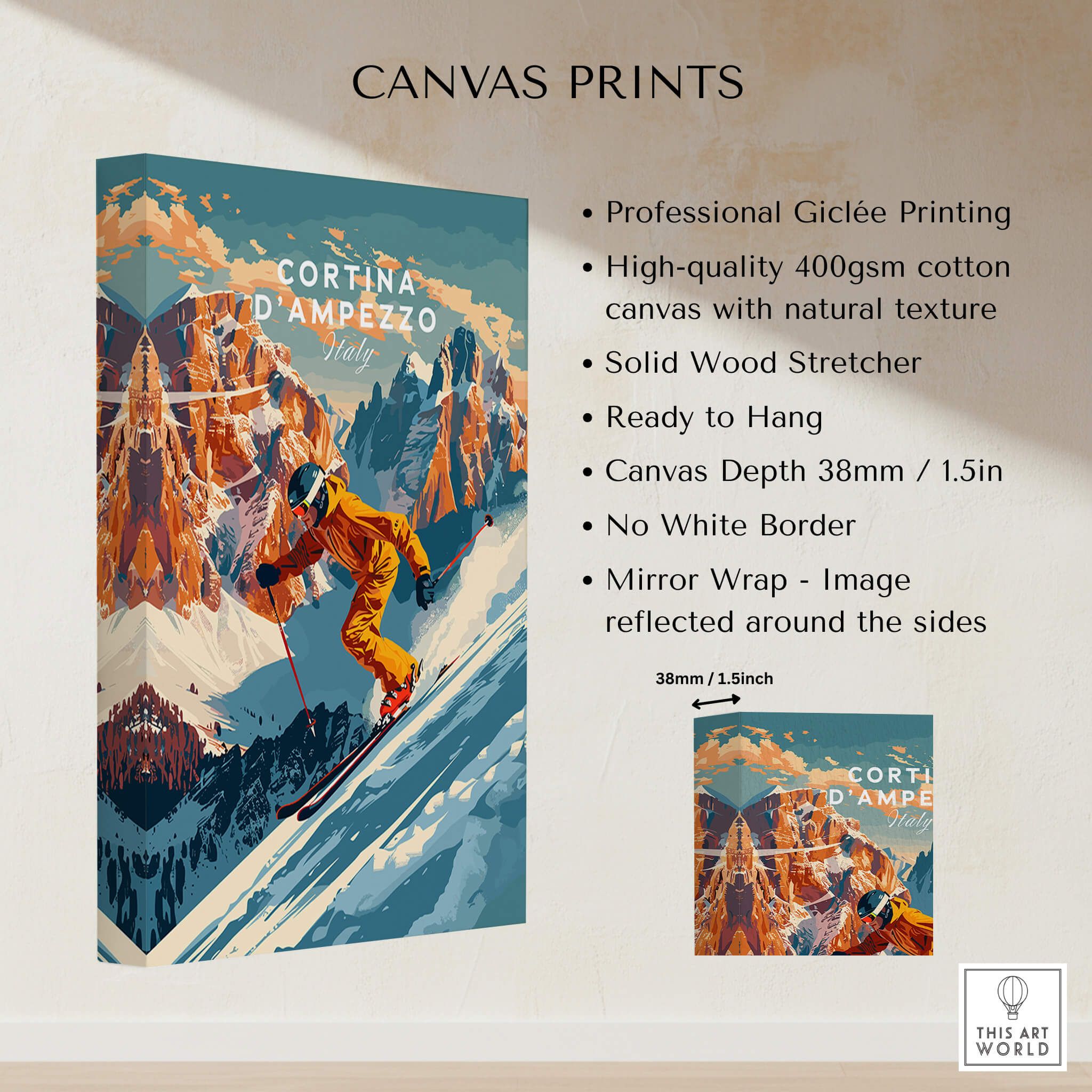 Cortina d'ampezzo Ski Poster featuring a skier in a stunning alpine setting, perfect for ski lodge decor.