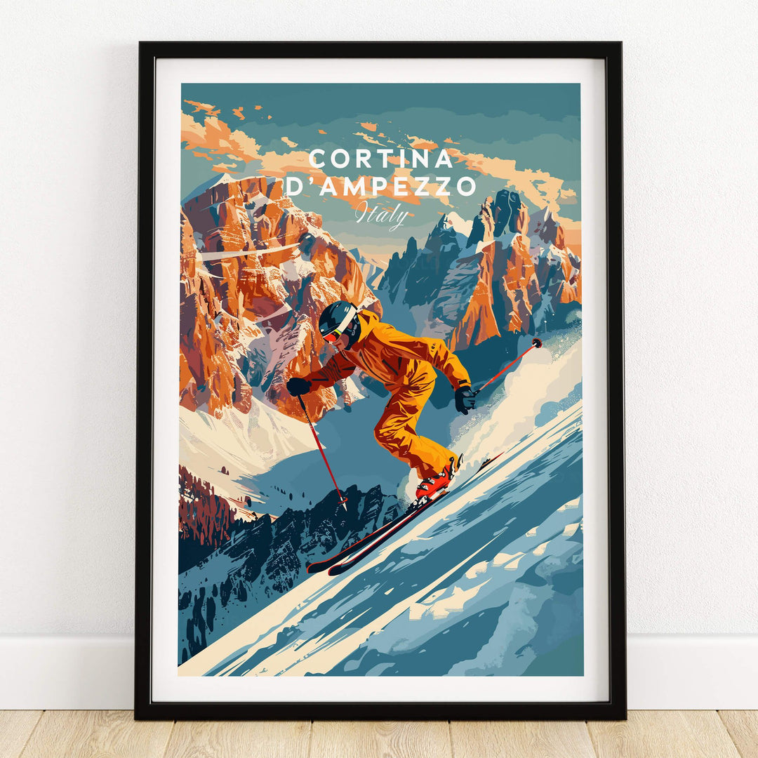 Cortina d'ampezzo Ski Poster showcasing a skier on the slopes with stunning mountain backdrop, perfect for ski lovers.