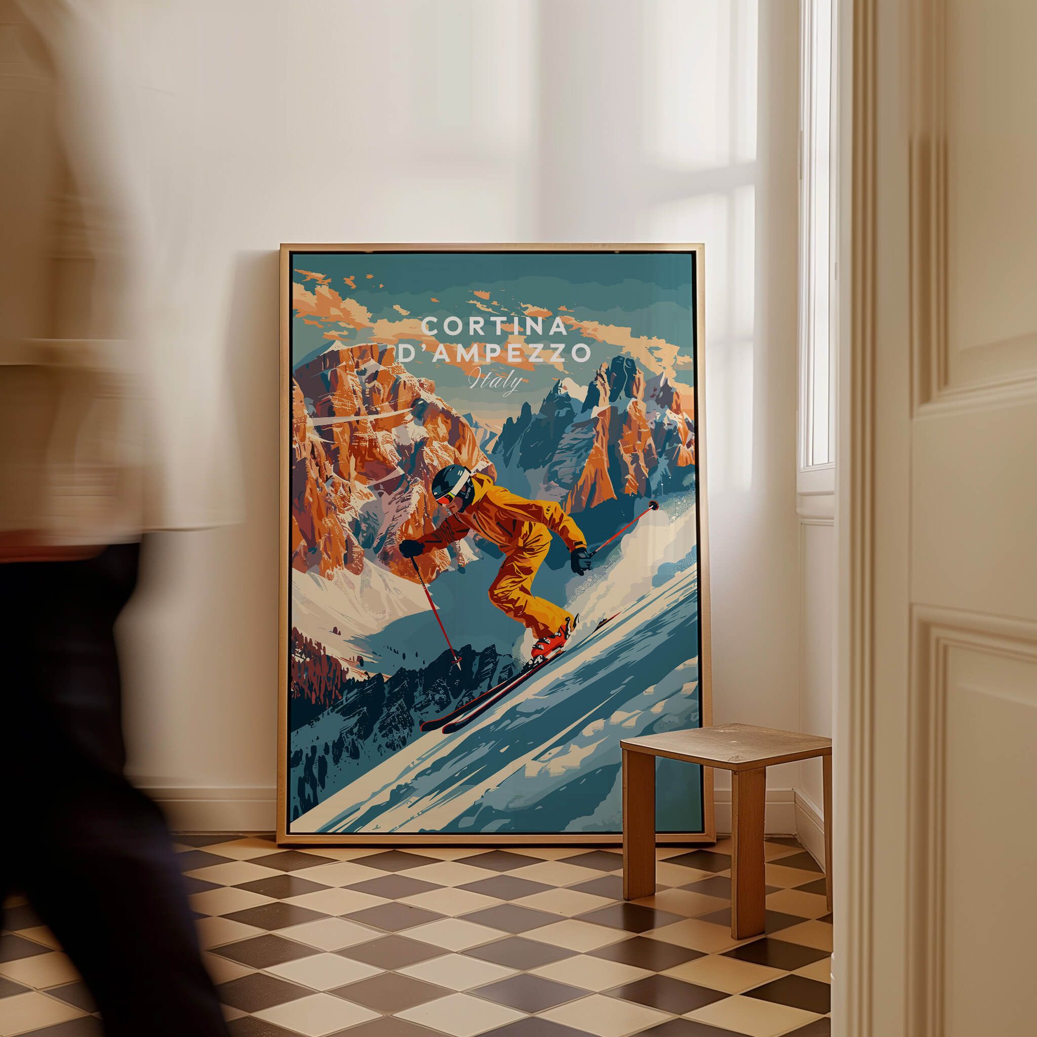 Cortina d'ampezzo Ski Poster displayed in a stylish room, perfect for ski enthusiasts and wall art lovers.