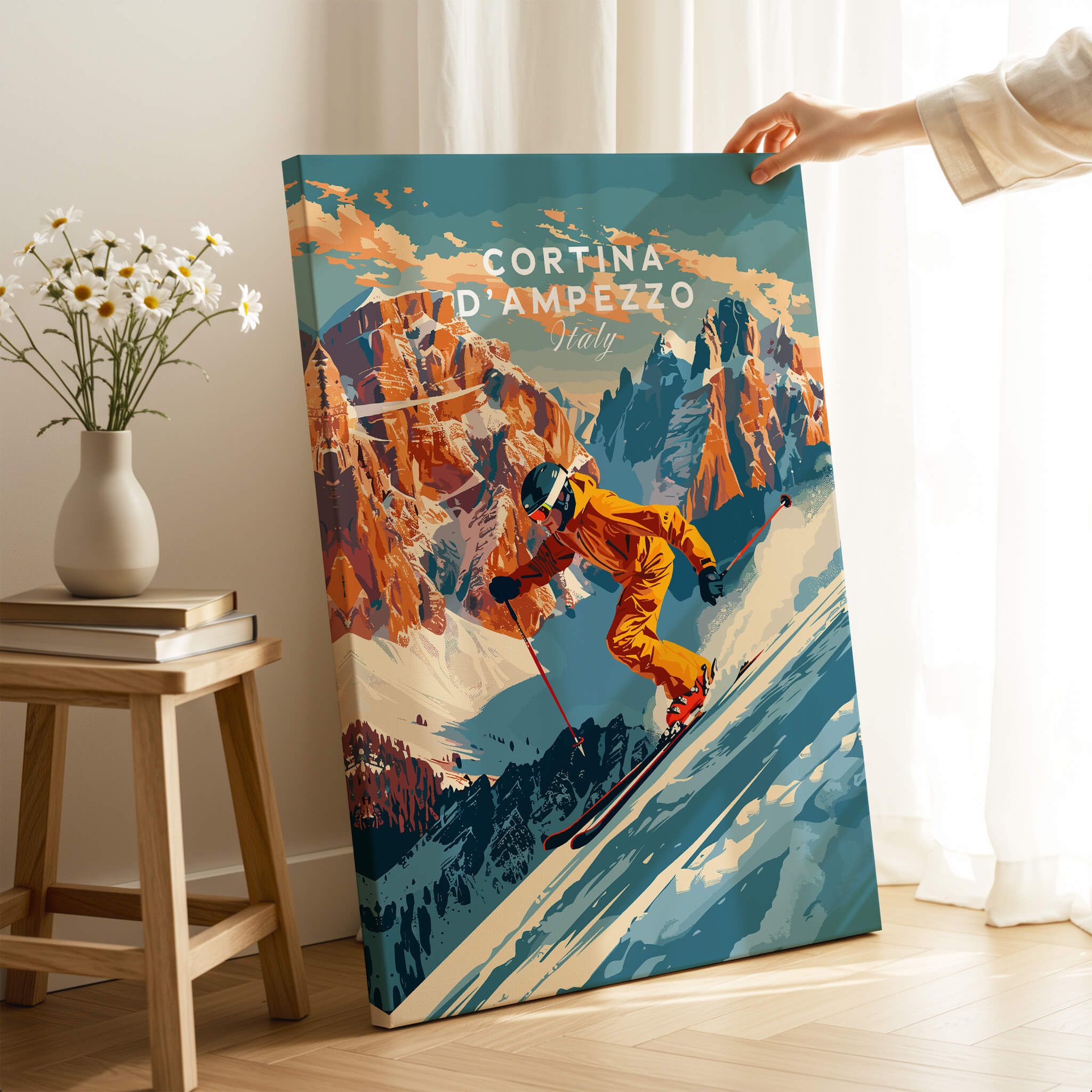 Cortina d'ampezzo Ski Poster showcasing a skier against a vibrant mountain backdrop, perfect for ski enthusiasts.