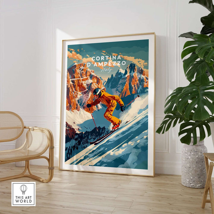 Cortina d'Ampezzo ski poster in stylish room, featuring a skier on slopes with mountain backdrop, perfect ski wall art.