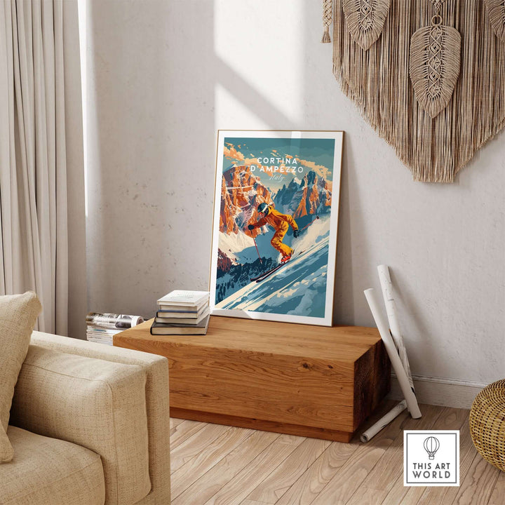 Cortina d'Ampezzo ski poster displayed in a cozy living room, showcasing vibrant design and winter sports theme.