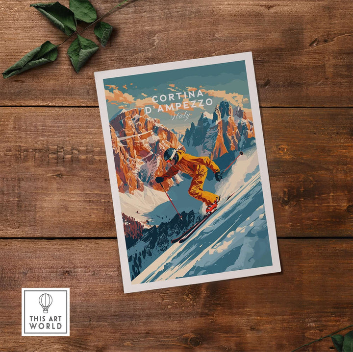 Cortina d'Ampezzo ski poster featuring a skier carving down a snowy slope with vibrant mountain scenery.