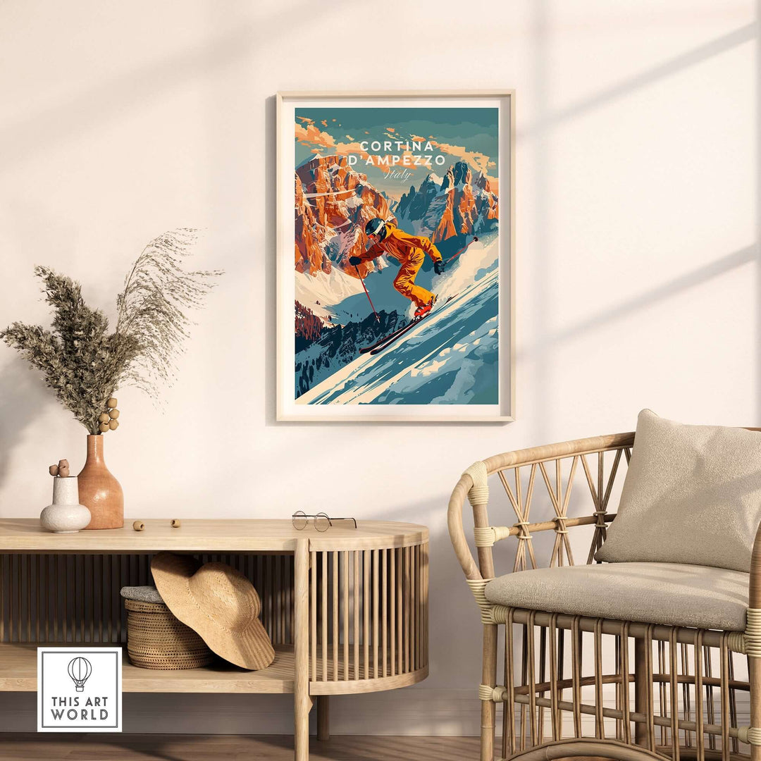 Cortina d'ampezzo ski poster displayed in a stylish living room with modern decor and a cozy atmosphere.