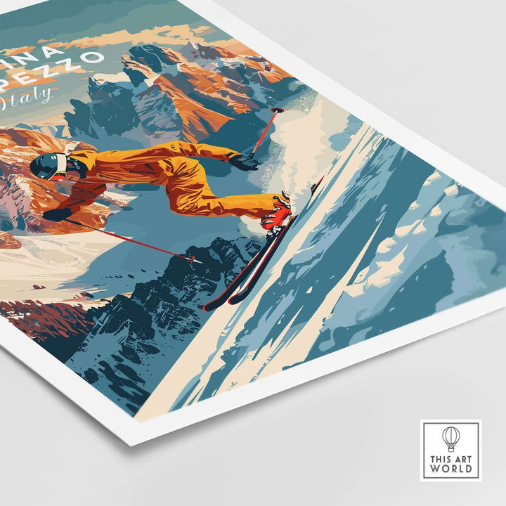 Cortina d'Ampezzo ski poster featuring a skier on slopes with mountains, perfect for ski lodge or home decor.