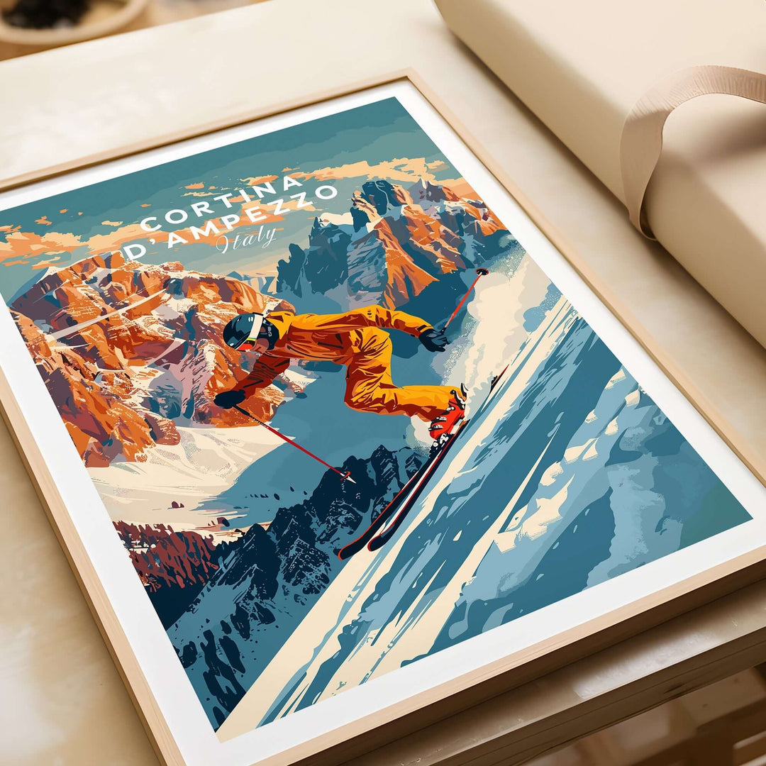 Cortina d'Ampezzo ski poster showcasing a skier in action against a stunning mountain backdrop, perfect for ski lodge decor.