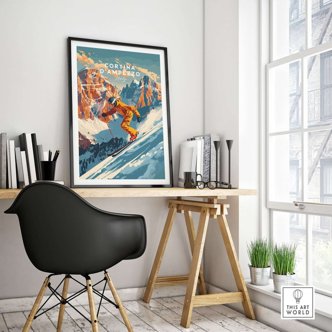 Cortina d'Ampezzo Ski Poster displayed in a stylish workspace, adding elegance and ski-themed decor to the room.