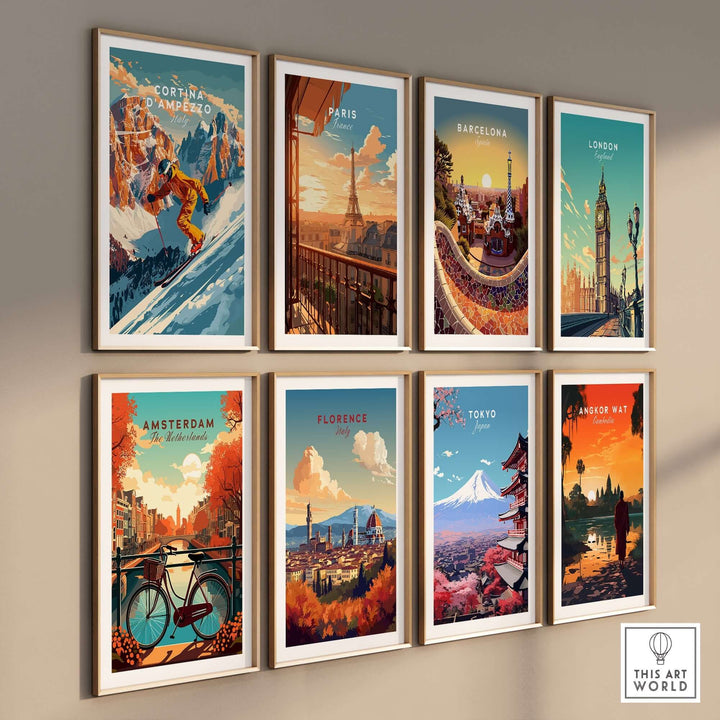 Set of travel posters including Cortina d'Ampezzo, Paris, Barcelona, London, Amsterdam, Florence, Tokyo, and Angkor Wat.