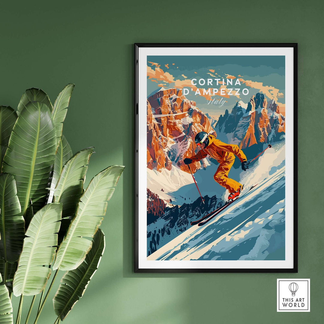 Cortina d'Ampezzo Ski Poster showcasing a skier on slopes with mountain backdrop, perfect for ski lodge decor.