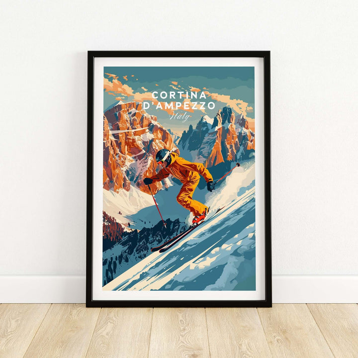 Cortina d'Ampezzo ski poster featuring a skier on the slopes against a picturesque mountain backdrop.