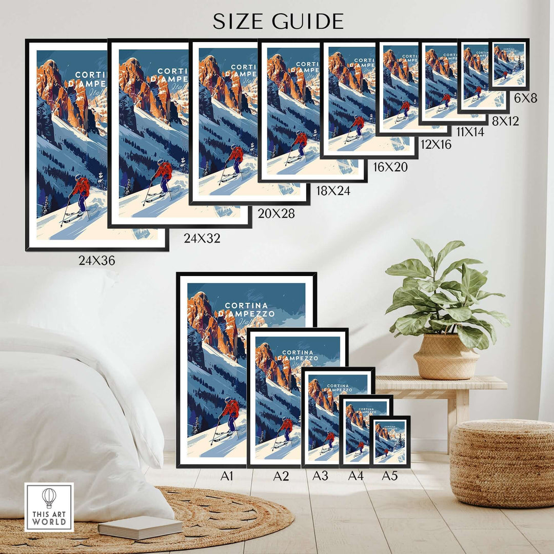 Size guide for Cortina d'Ampezzo travel poster showing various print sizes and a cozy room setting.