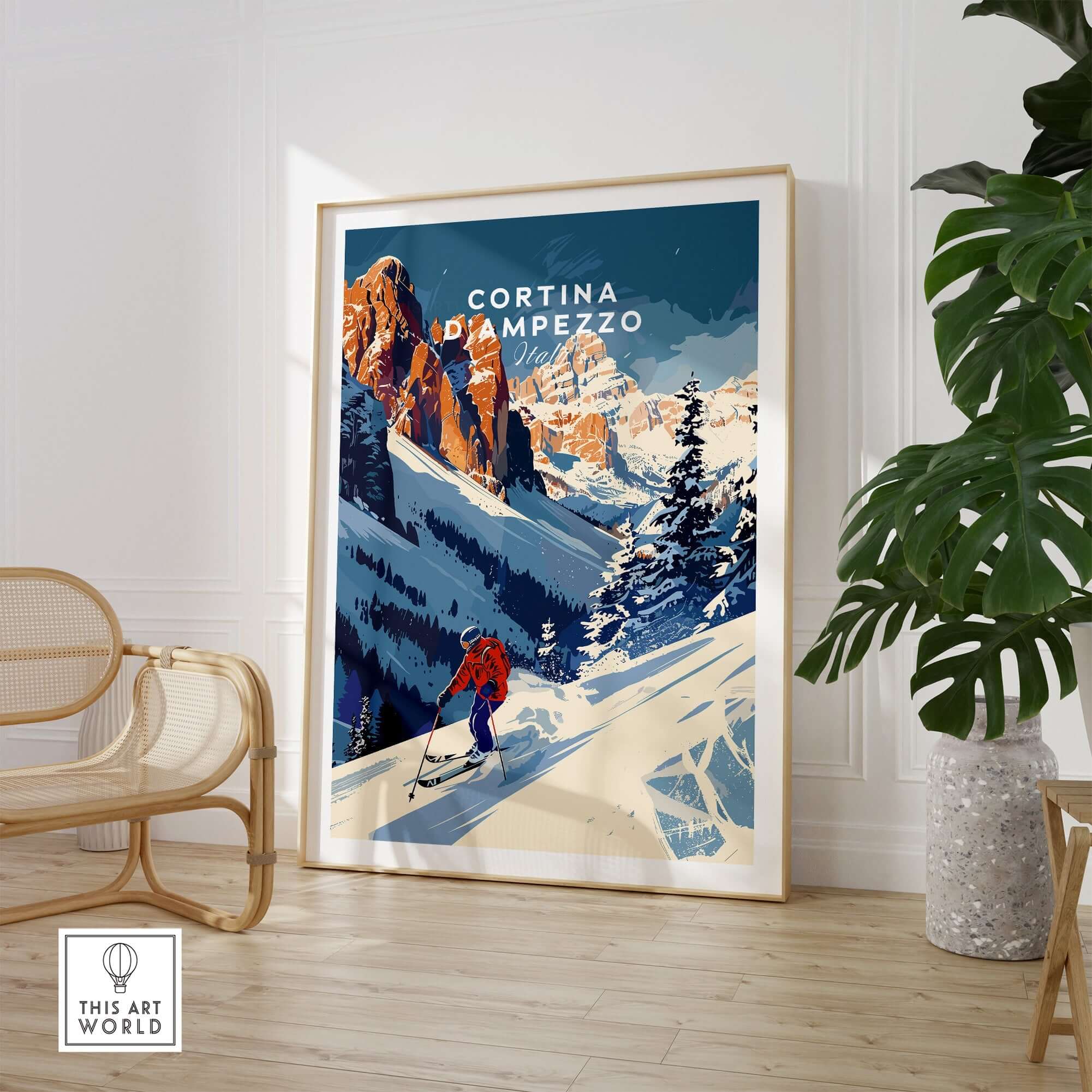 Cortina d'Ampezzo travel poster in a cozy living room, featuring a skier in the beautiful Dolomite mountains.