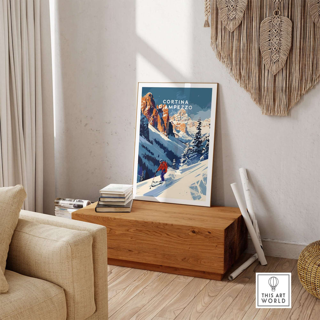 Cortina d'Ampezzo travel poster on display in a cozy living room, showcasing a winter landscape and ski enthusiast.