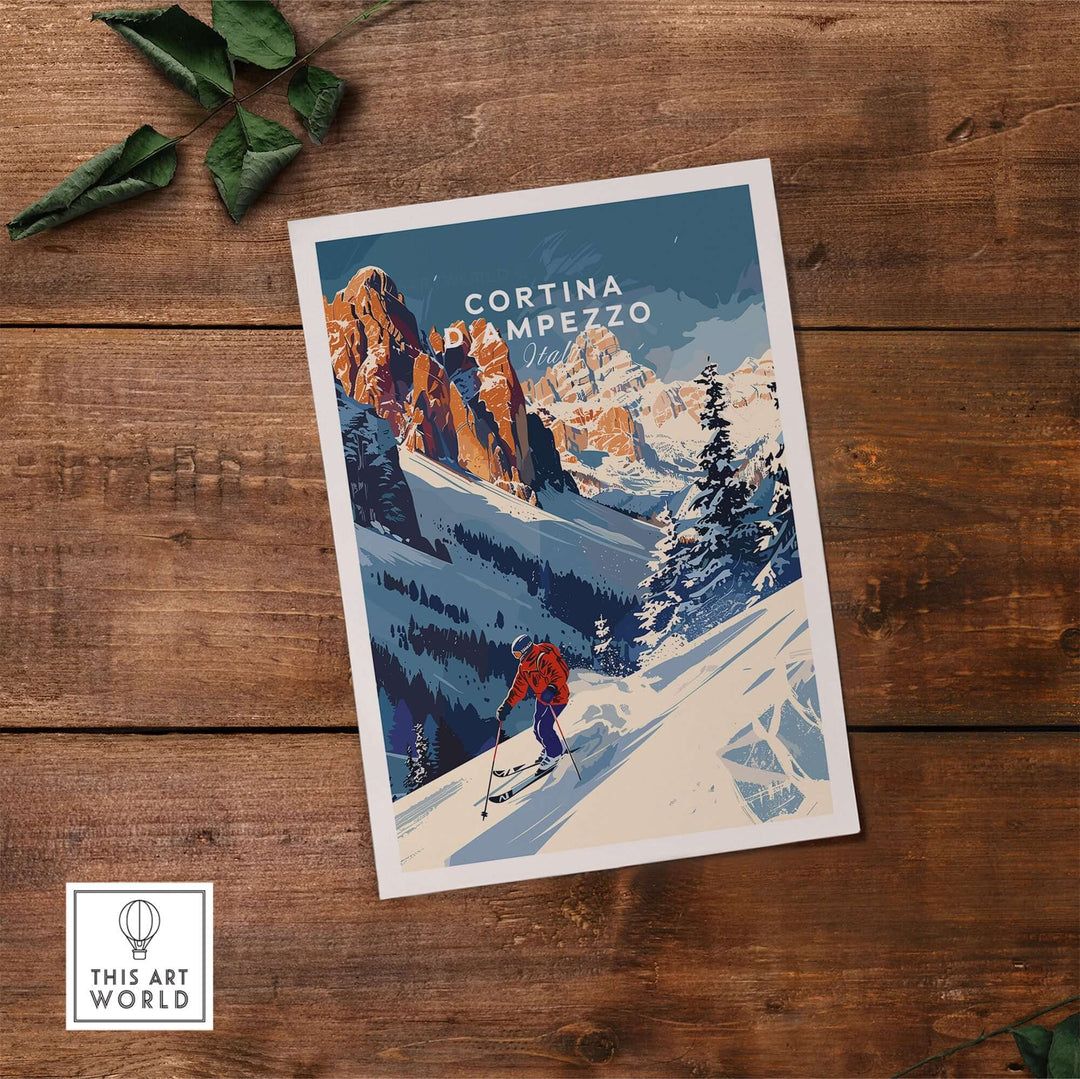 Cortina d'Ampezzo travel poster featuring a skier in the Dolomite mountains, ideal for winter enthusiasts and home decor.