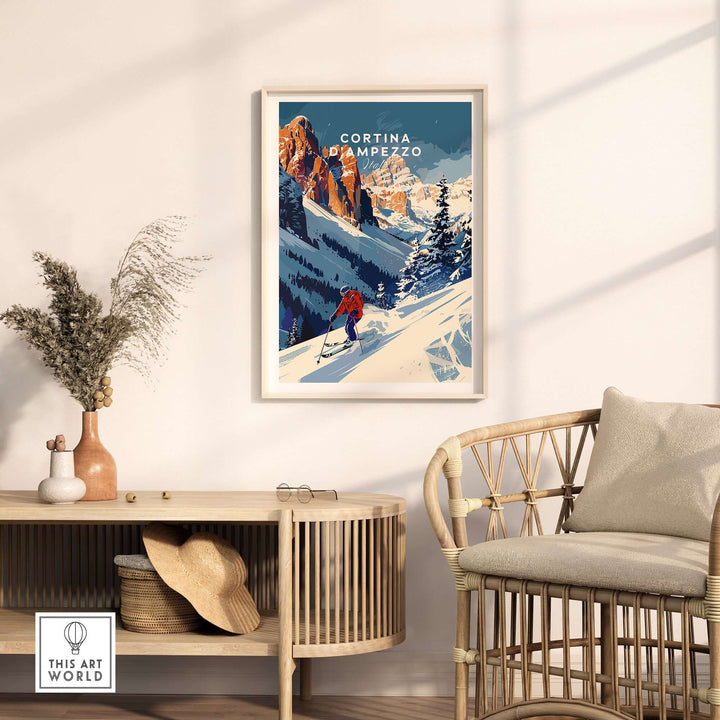 Cortina d'Ampezzo travel poster showcasing a skier in the Dolomite mountains, perfect for home decor and ski enthusiasts.