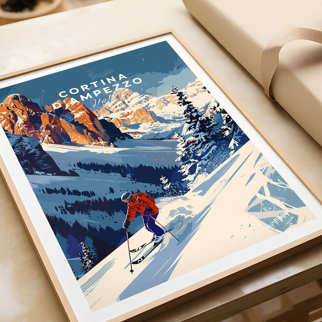 Cortina d'Ampezzo travel poster showcasing a skier in the Dolomite mountains, perfect for winter decor and ski enthusiasts.