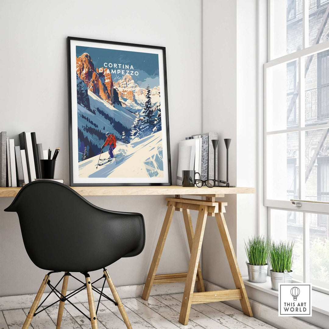 Cortina d'Ampezzo travel poster in a modern home office, showcasing a skier in the stunning Dolomite mountains.