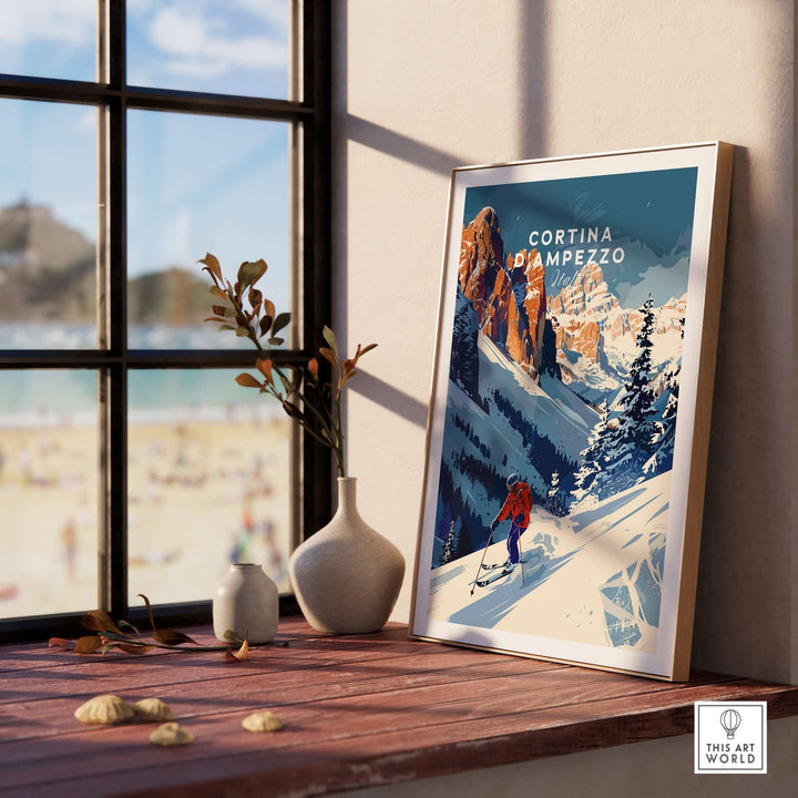 Cortina d'Ampezzo travel poster showcasing a skier in the Dolomite mountains, perfect for home decor.