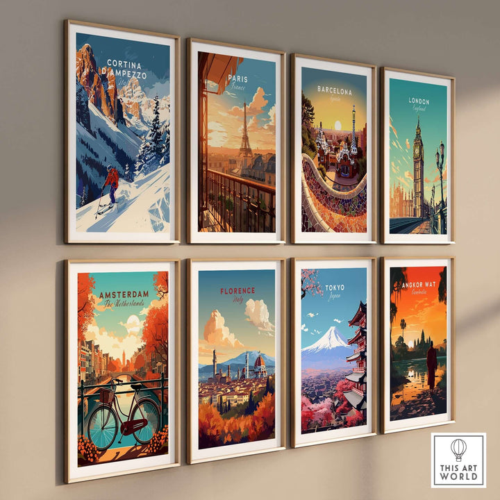 Travel posters featuring iconic cities like Cortina d'Ampezzo, Paris, Barcelona, and more, arranged on a stylish wall display.