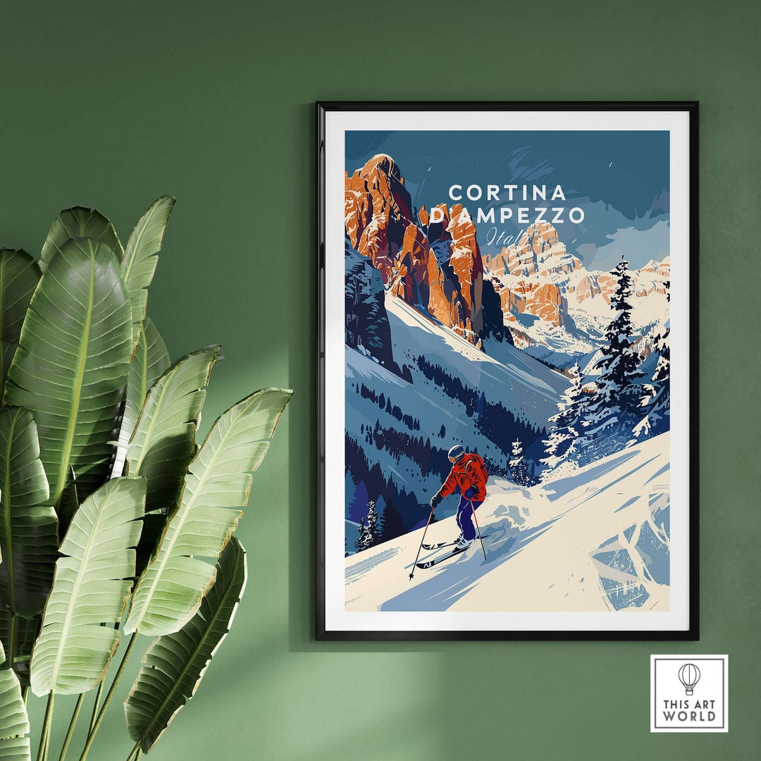 Cortina d'Ampezzo travel poster showcasing a skier in the Dolomite mountains, perfect for winter lovers and home decor.