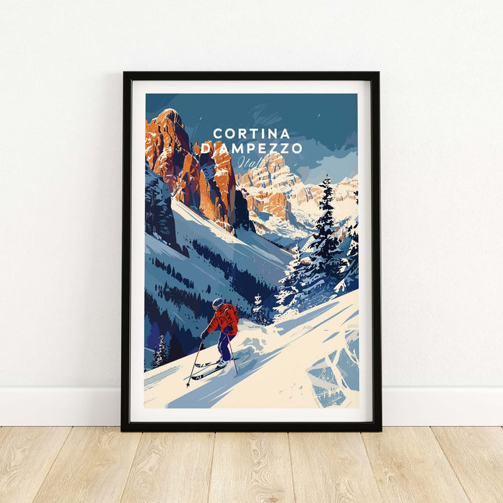 Cortina d'Ampezzo travel poster featuring a skier in the Dolomite mountains, ideal for winter sports and home decor.