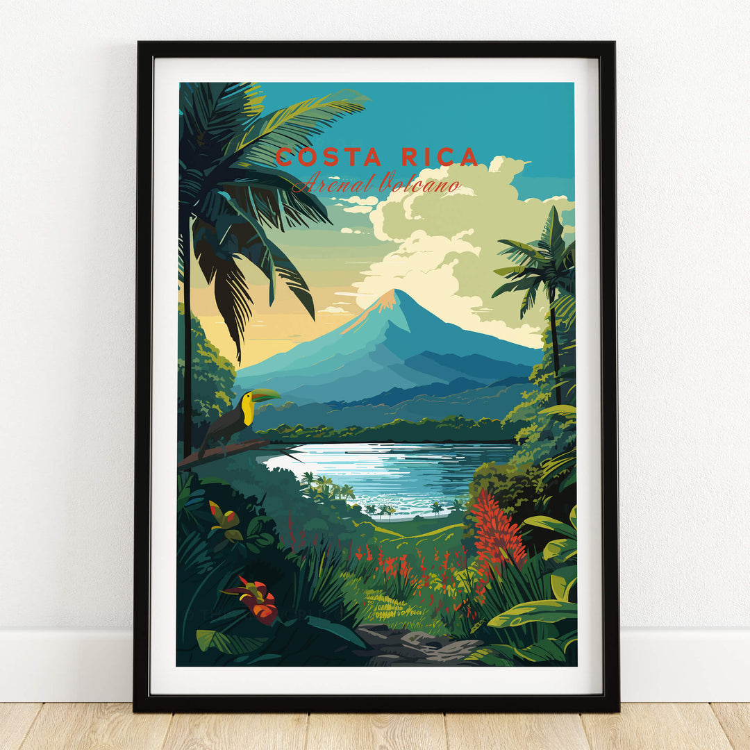 Costa Rica Print featuring Arenal Volcano and tropical landscapes in vibrant colors for home decor.