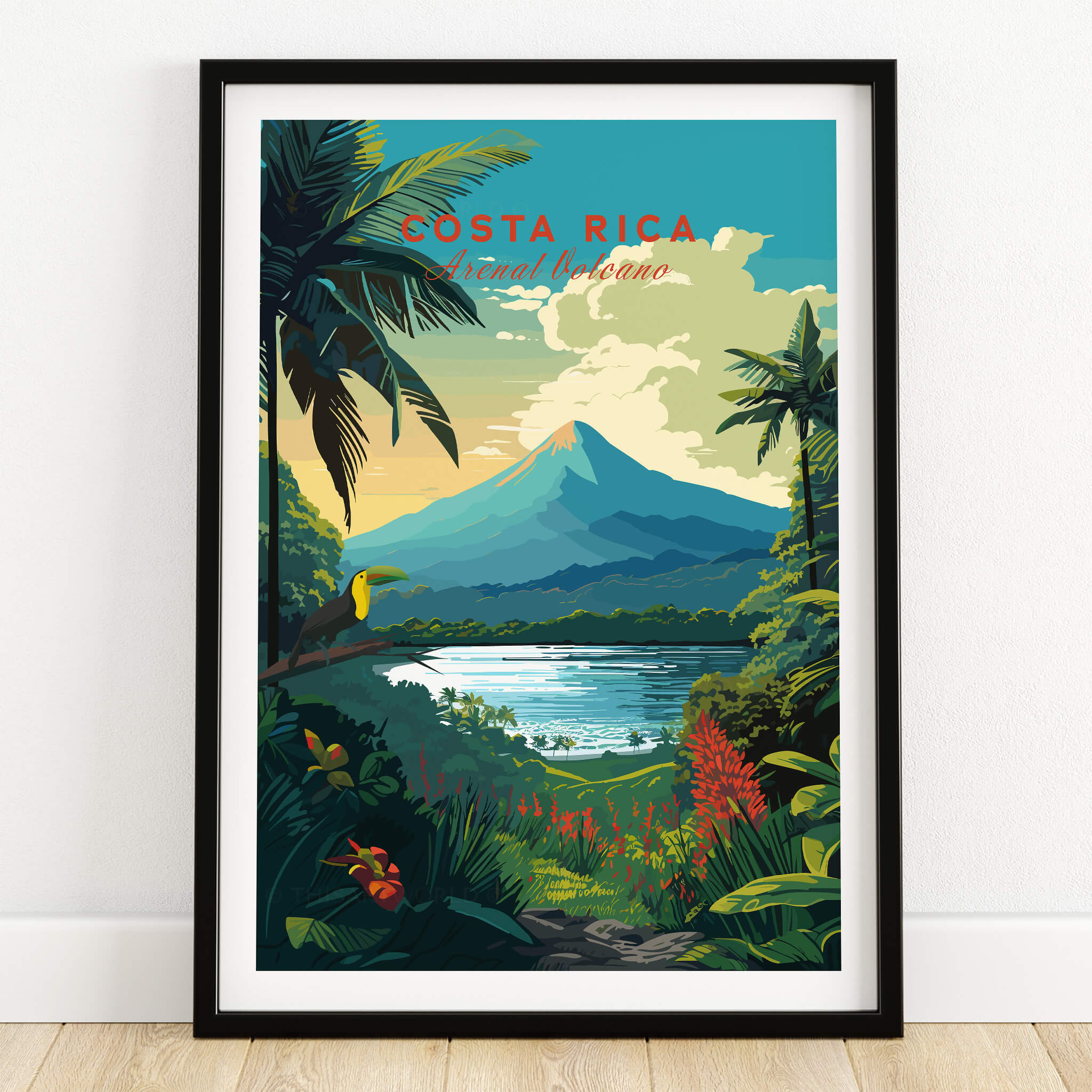 Costa Rica Print featuring Arenal Volcano and tropical landscapes in vibrant colors for home decor.