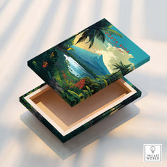 Costa Rica Print decorative box featuring tropical landscape and Arenal Volcano, perfect for home decor.